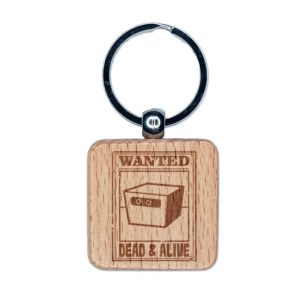 Schrodinger's Cat Wanted Dead and Alive Engraved Wood Square Keychain Tag Charm