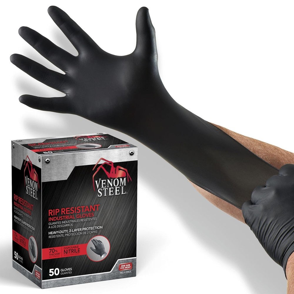 Venom Steel Black Nitrile Gloves 6 Mil Pack of 50 One Size Fits Most