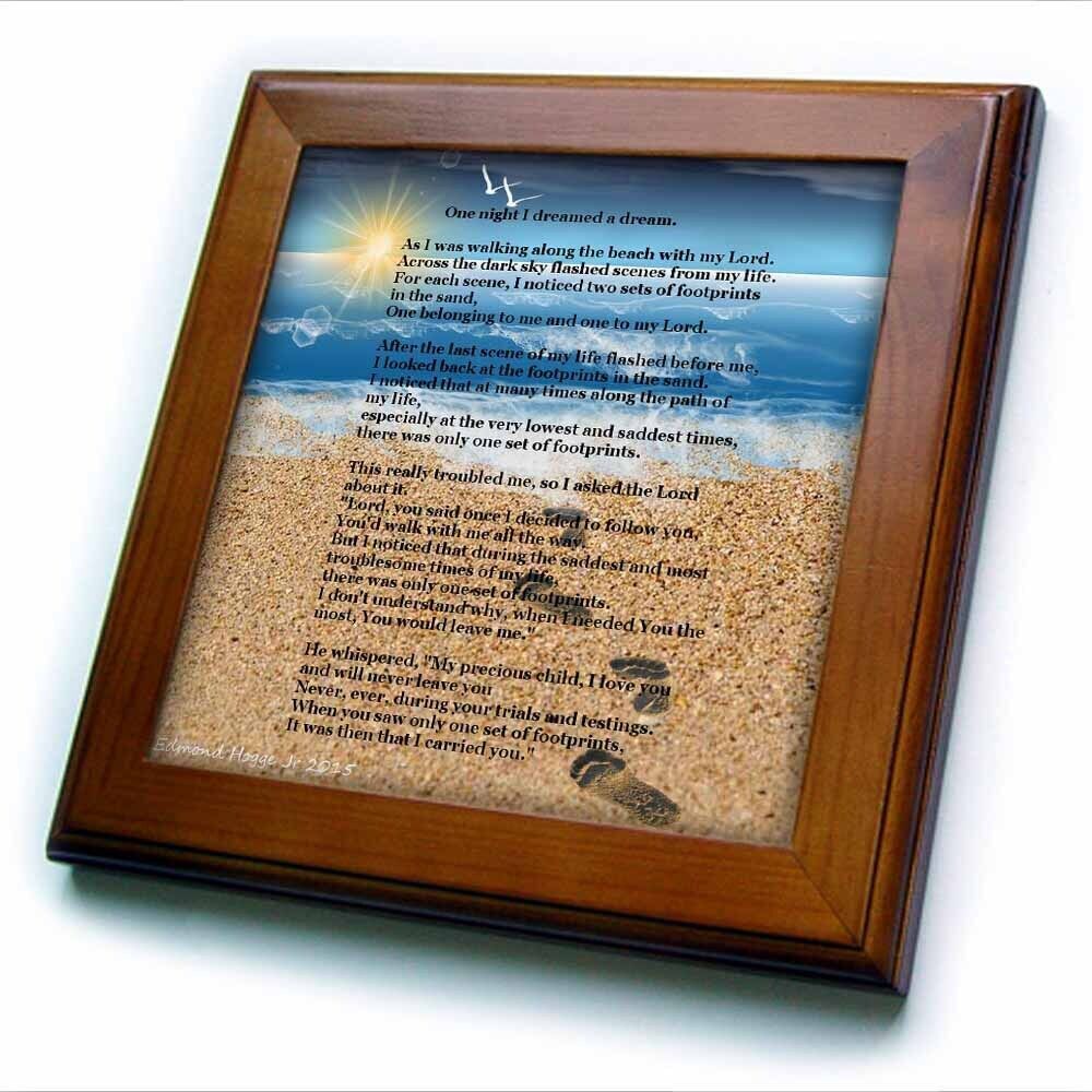 3dRose Footprints in the Sand on Beach with Poem 8x8 Framed Tile