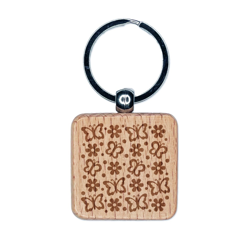 Butterflies and Flowers Engraved Wood Square Keychain Tag Charm
