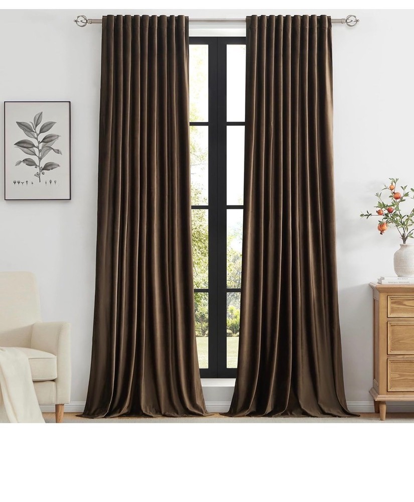 Brown Velvet Curtains 2 Panels Set 52 x 96 in Back Tab Thick Blackout Thermal B4