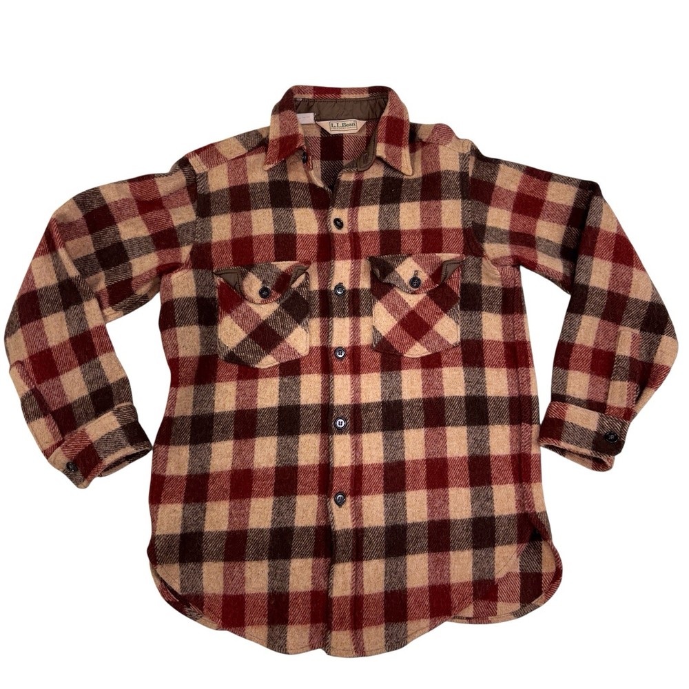 Vtg 70s LL Bean Freeport Maine USA Mens Red Brown Plaid Wool Flannel CPO Shirt M