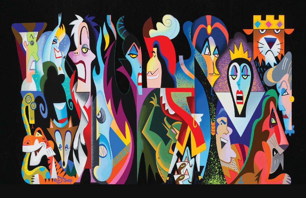 Disney Villains 13x19 Art Poster Featuring Hook Maleficent Ursula Cruella on Satin