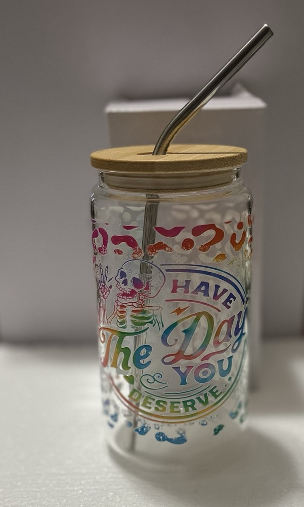 The Day You Deserve 16oz Glass Jar with Bamboo Lid Straw and Cleaner
