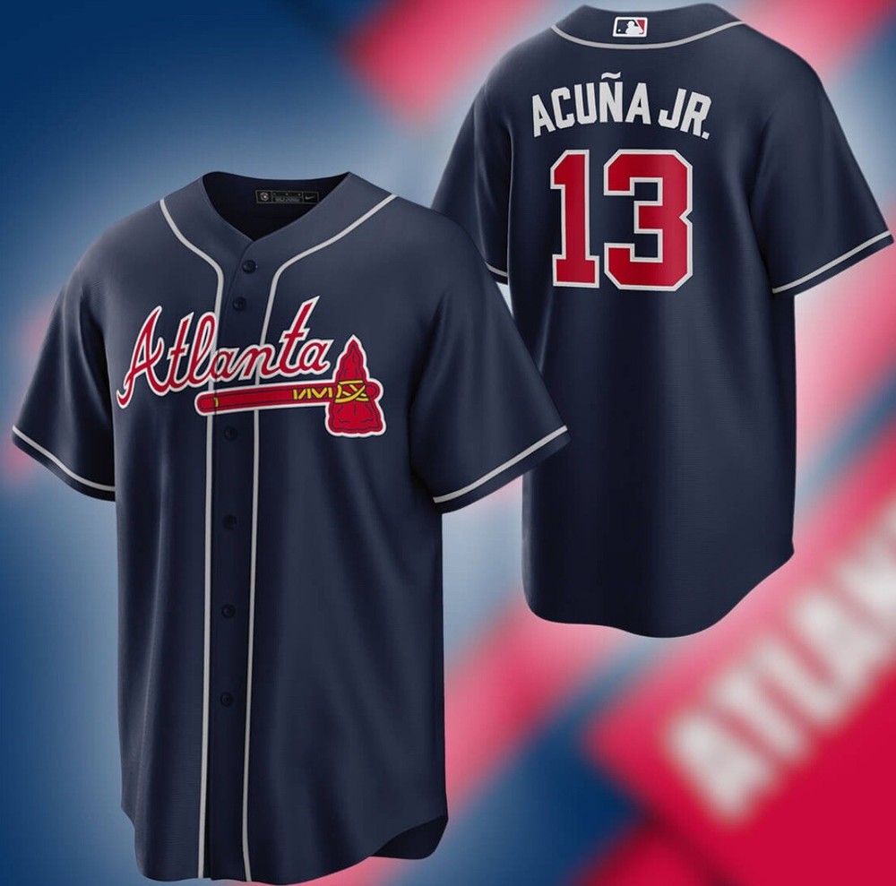 Camiseta deportiva cosida para hombre Atlanta Braves mediana azul acuña réplica local jugador