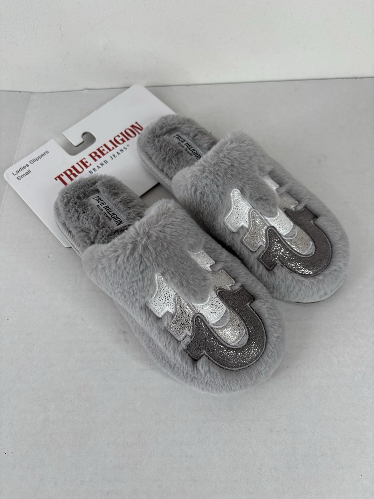 True Religion Women's GRAY Glitter Furry Slippers Small 5-6 Horseshoe Logo