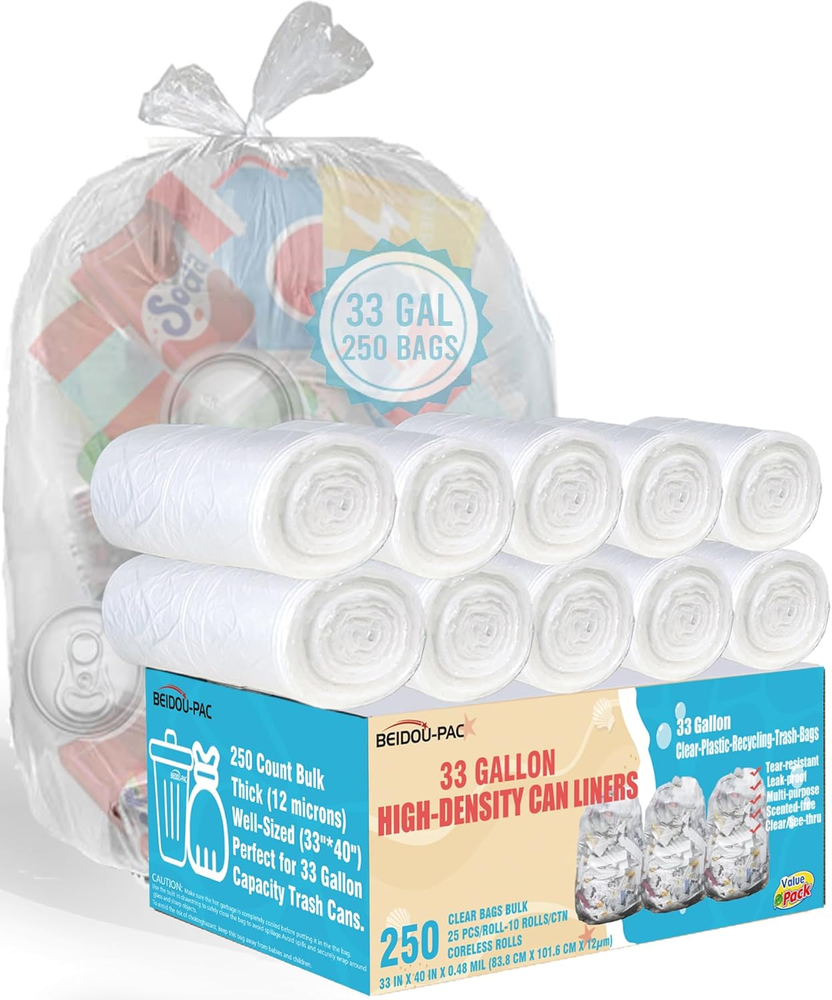 33 Gallon Trash Bags, 250 Count Bulk, Heavy Duty Clear Plastic Recycling Garbage