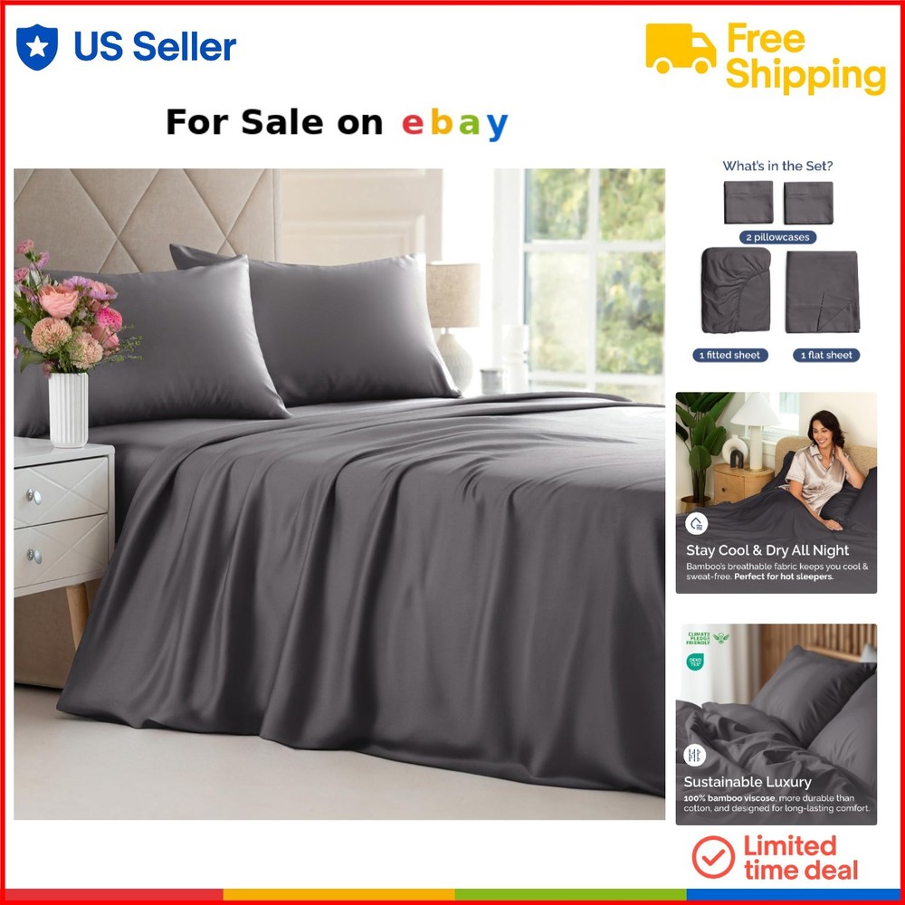 Bamboo King Size Cooling Soft Breathable Luxury Bedding Set 1 Flat 1 Fitted Sheet