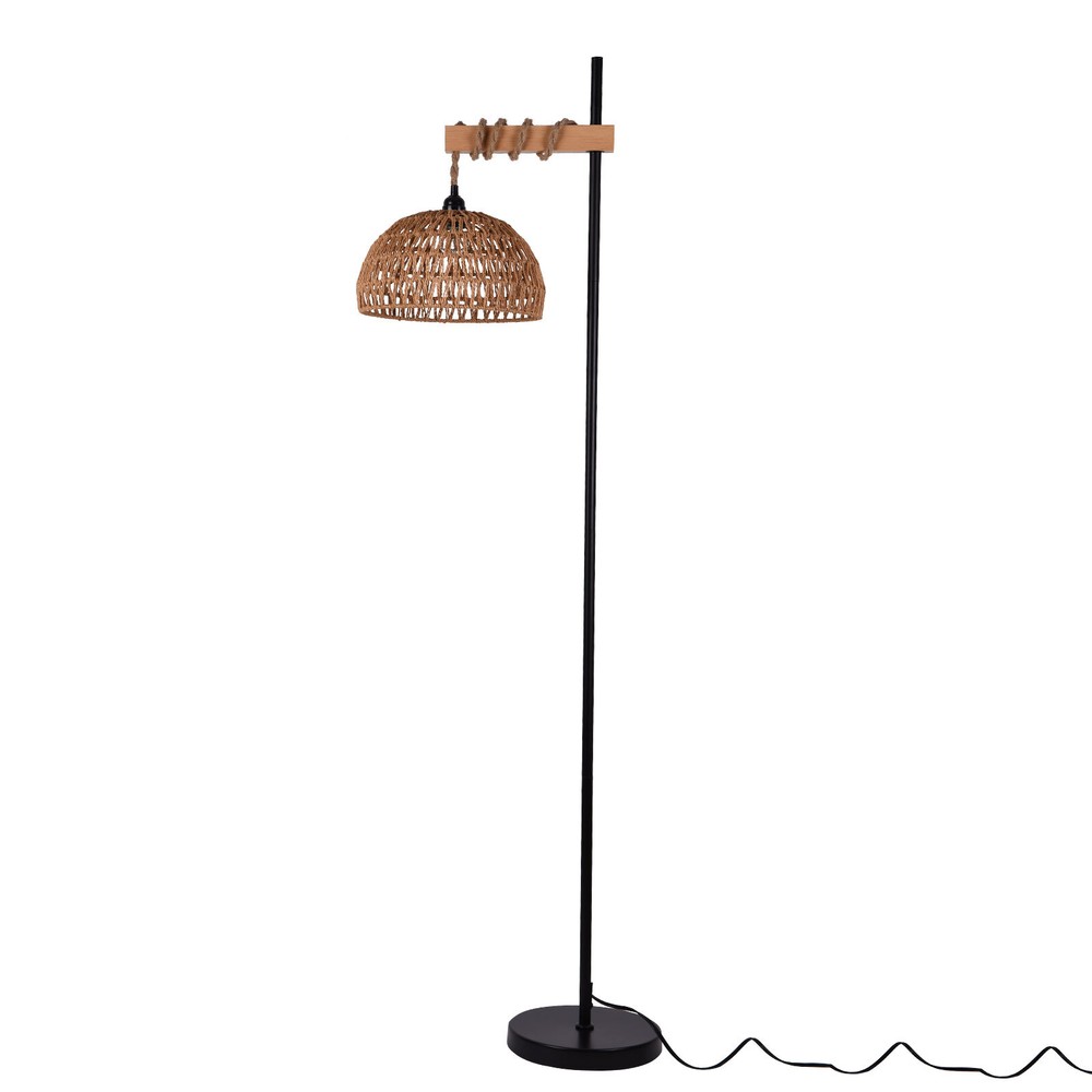 Rustic LED Floor Lamp with Handwoven Rattan Shade and Solid Oak Wood Base  