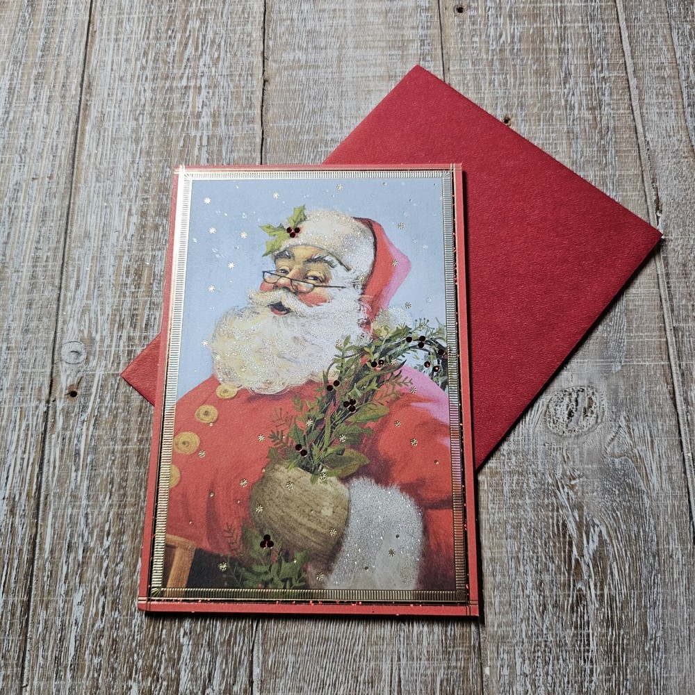 Vintage Santa Snow Glitter Holiday Greeting Card 5x7 with Red Berries Hallmark