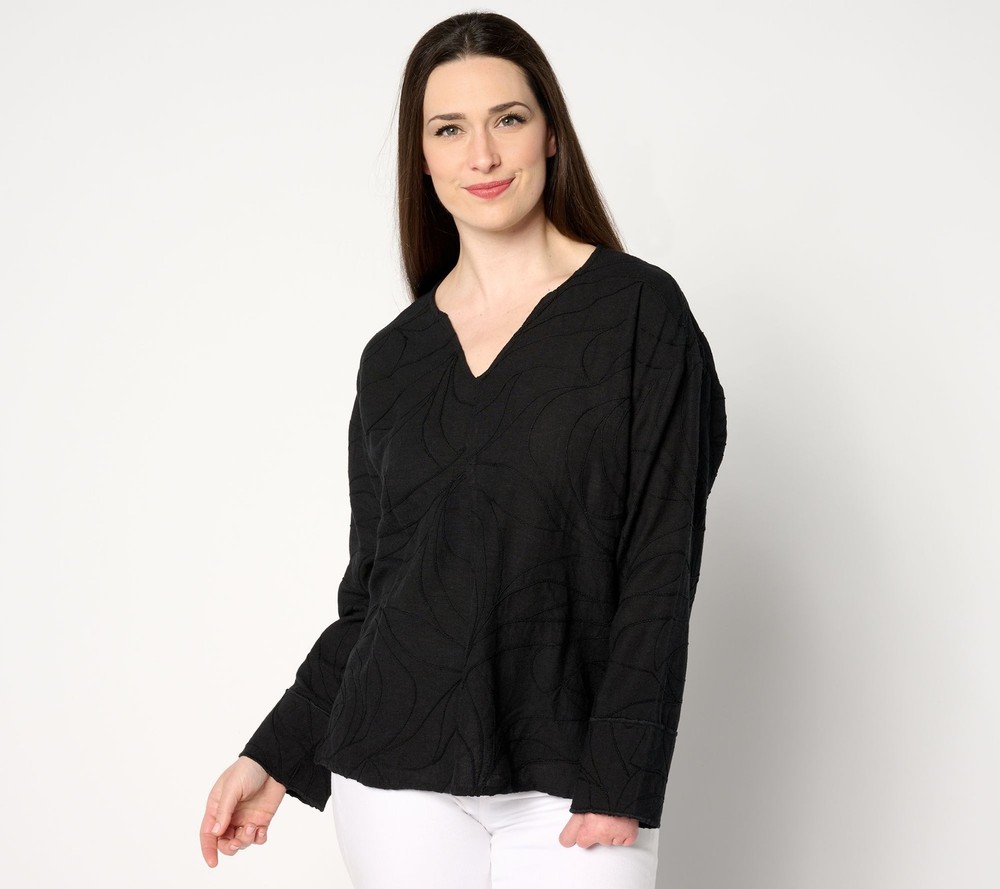 Peace Love World Women's Top Sz L Embroidered Open V-Neck Black A648032