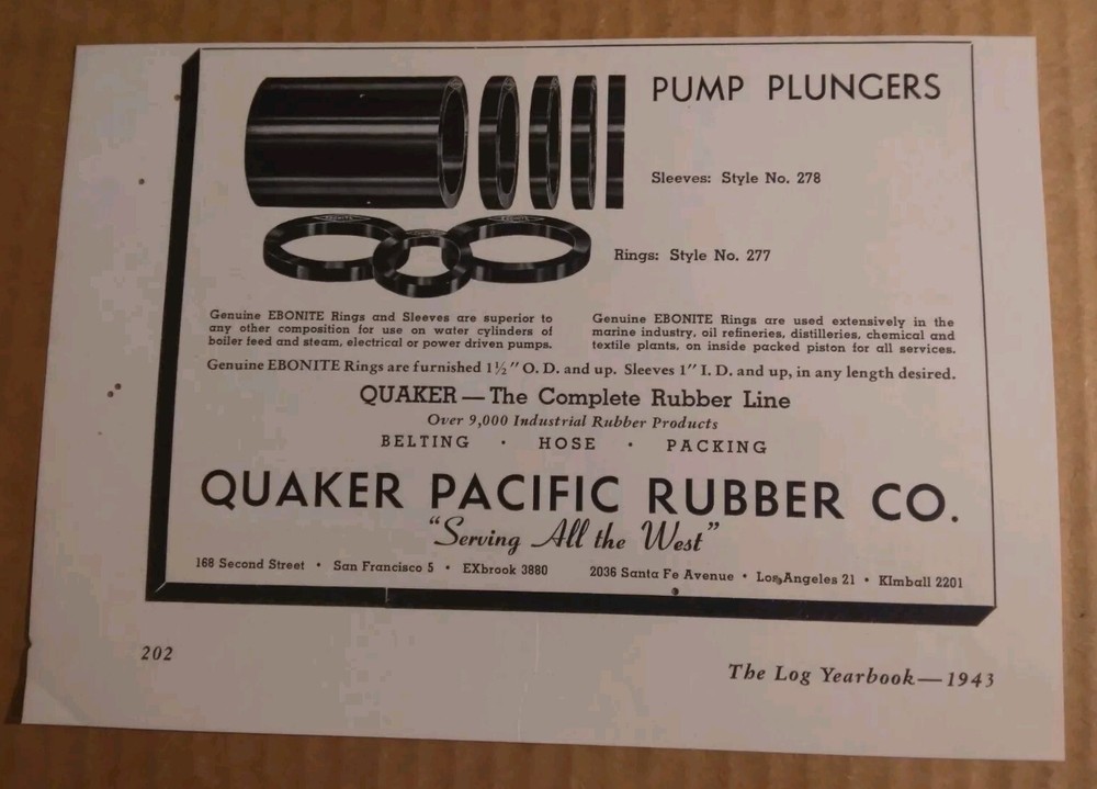 Vintage 1943 WWII Era Quaker Pacific Rubber Co Pump Plungers Ad