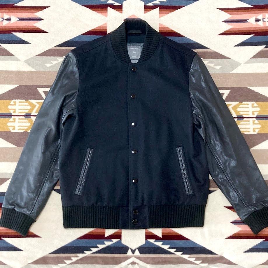 GAP Stadium Jacket Black Leather Wool Blend Italy Made Size S Used