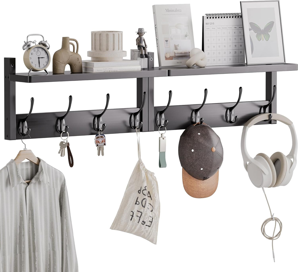 2 Pack Bamboo Wall Coat Rack with Shelf and 8 Hooks for Entryway Storage