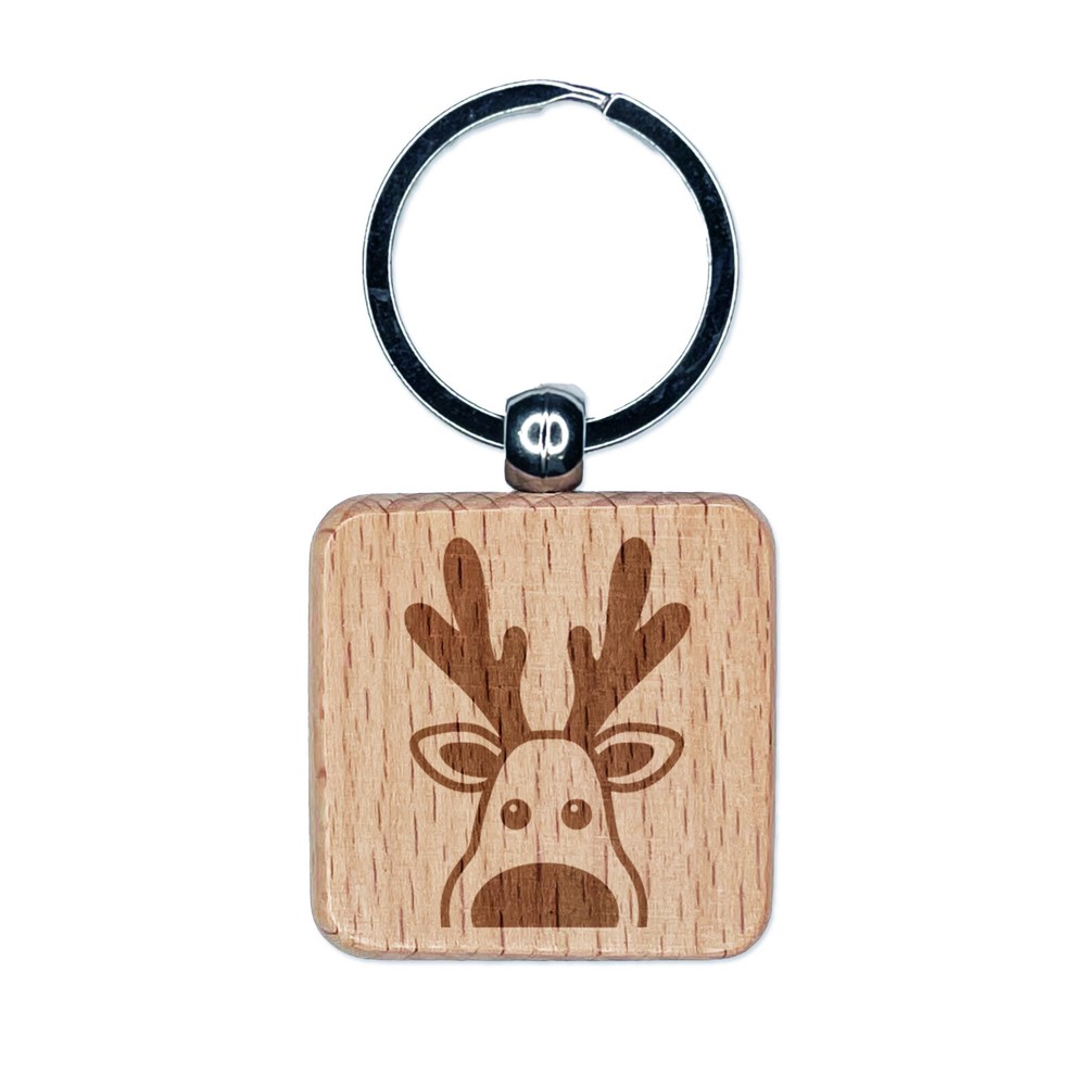 Peeking Reindeer Christmas Engraved Wood Square Keychain Tag Charm