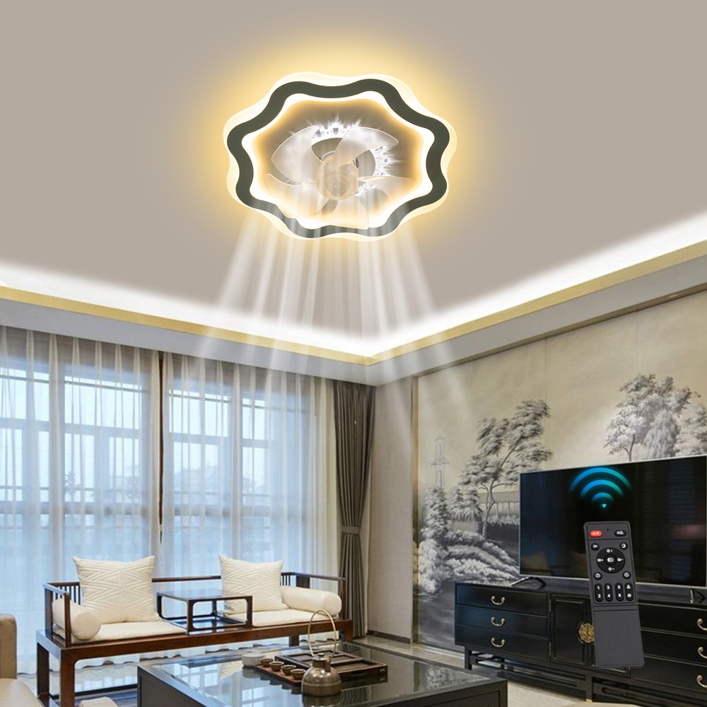 Modern Dimmable LED Ceiling Fan with Remote 3-Speed Flush Mount Chandelier Light