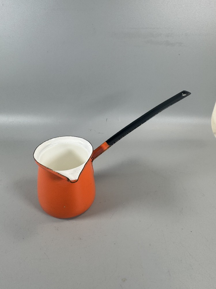 Vintage Orange Enamel Coffee Pot Milk Warmer Saucepan Long Handle Pour Spout