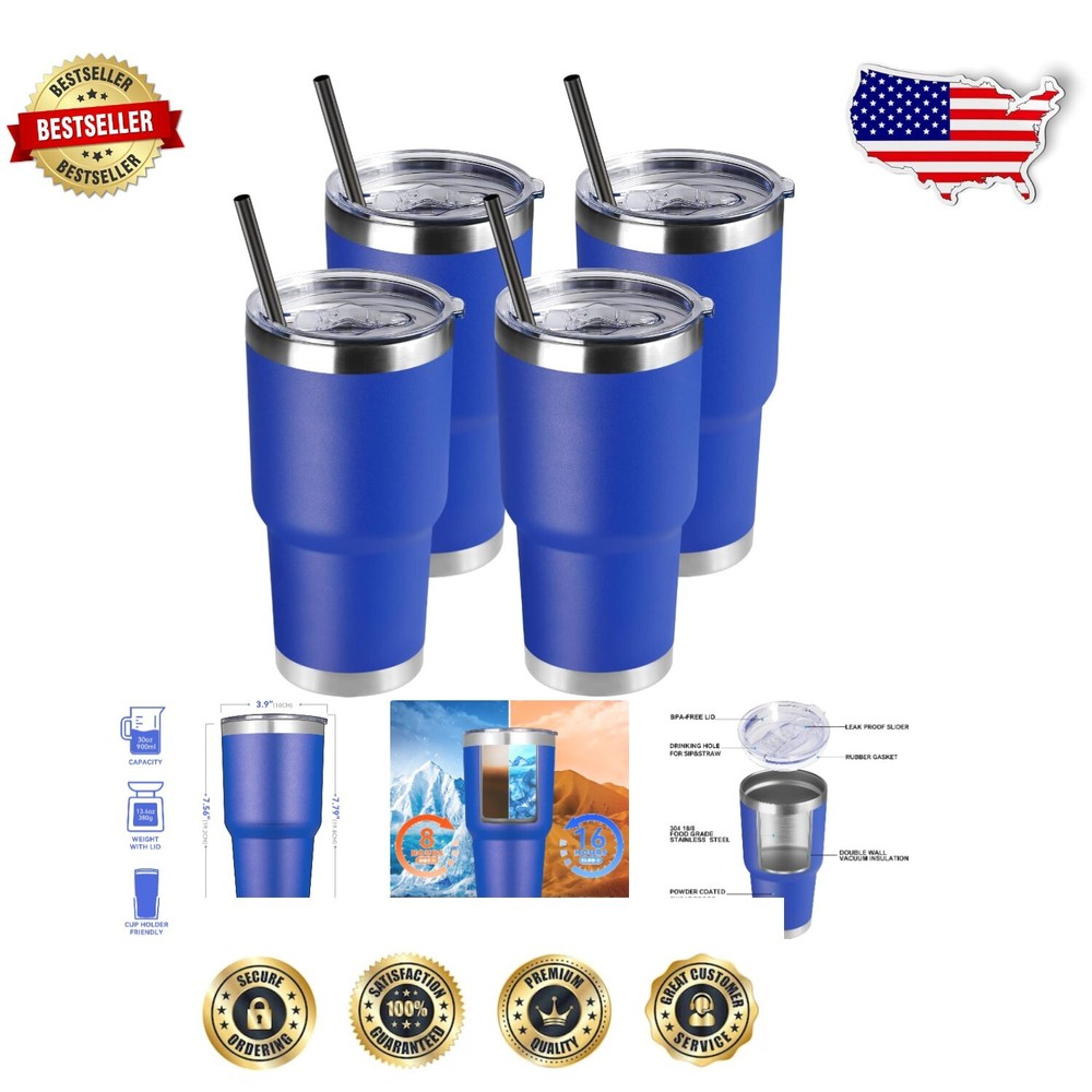 Durable 30 oz Dark Blue Stainless Steel Tumbler with Leak-Proof Lid and Straw