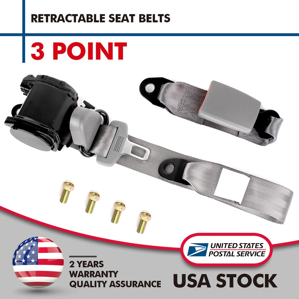 Set Of Retractable 3 Point Safety Seat Belt Car Auto Adjustable Belt Kit Gray