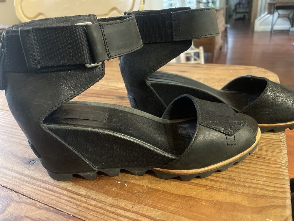 Sorel Joanie Black Leather Gladiator Wedge Sandals for Women Size 8.5 39.5 Style 5O74 Affiliate