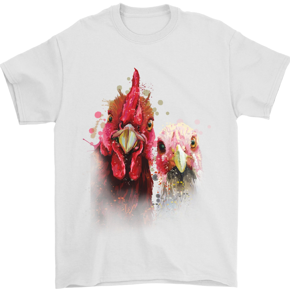 Two Colourful Chickens Watercolour Mens T-Shirt 100% Cotton
