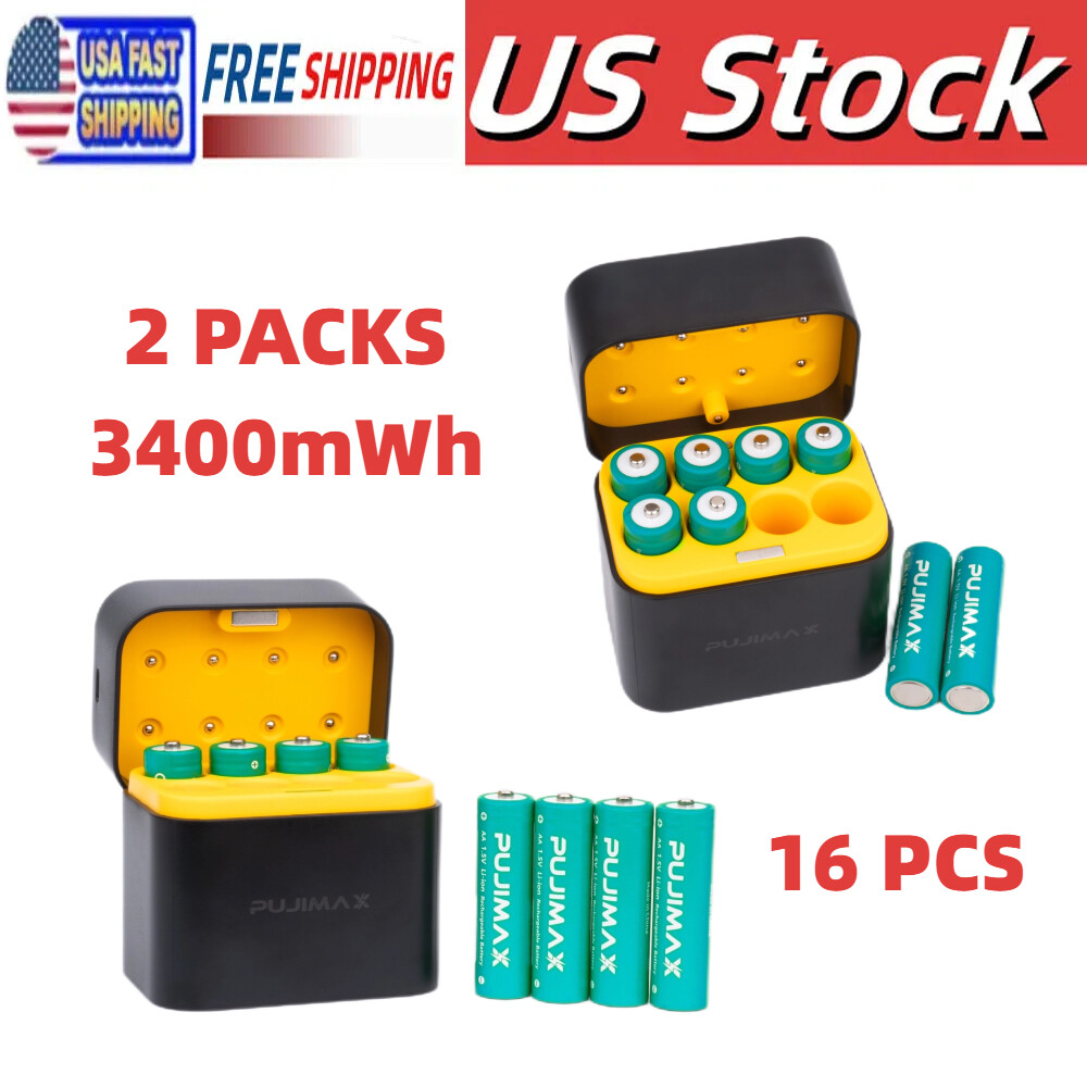 PUJIMAX 16PCS Rechargeable AA Lithium-ion Batteries 1.5V 3400mWh + Charging Dock
