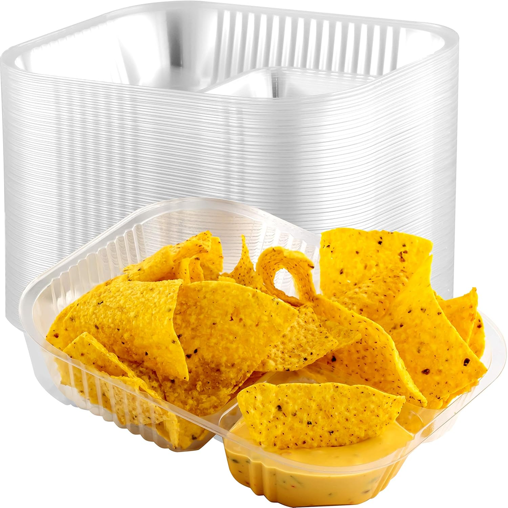 6x8 Inch Reusable Plastic Nacho Trays with Lids - 125 Pack Anti-Spill 2 Compartment