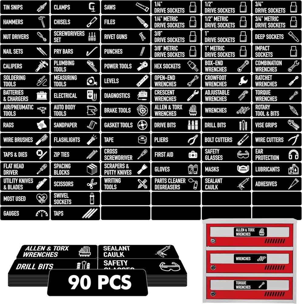 90-Piece Magnetic Toolbox Labels – 82 Pre-Printed & 8 Blank Large Tool Chest Stickers  