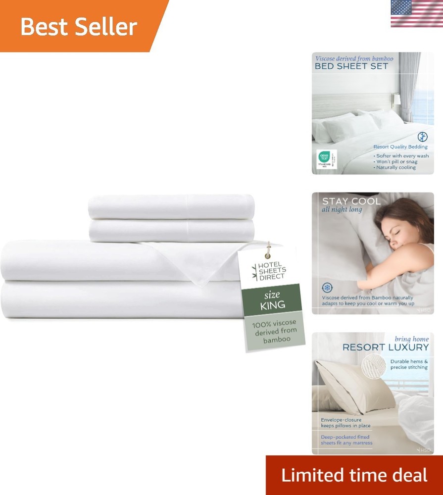 Luxurious King Size Bamboo Bed Sheet Set - Cooling Breathable 4-Piece White