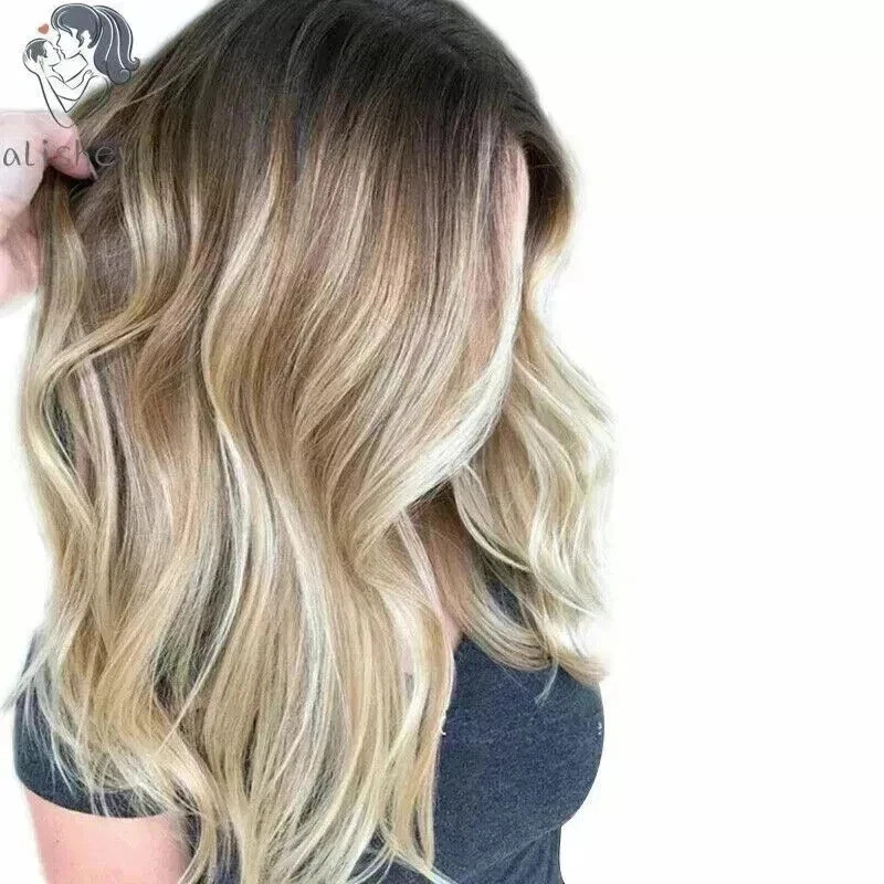 100% Human Hair New Women's Long Natural Brown Blond Mix Wavy Full Wig 20 Inch