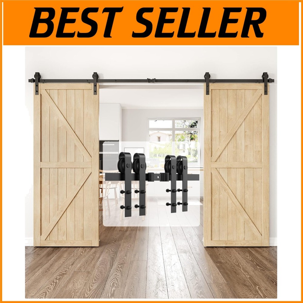 12ft Heavy Duty Sliding Barn Door Hardware Kit with J Shape Hangers - Black