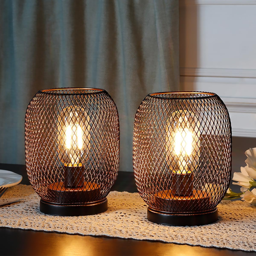 Set of 2 Battery-Powered Metal Cage LED Lanterns Cordless Accent Lights