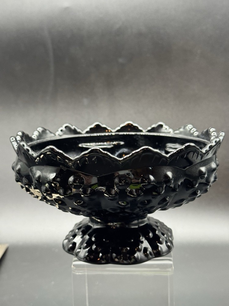 Vintage Fenton Black Amethyst Hobnail Compote with Floral Frog Insert