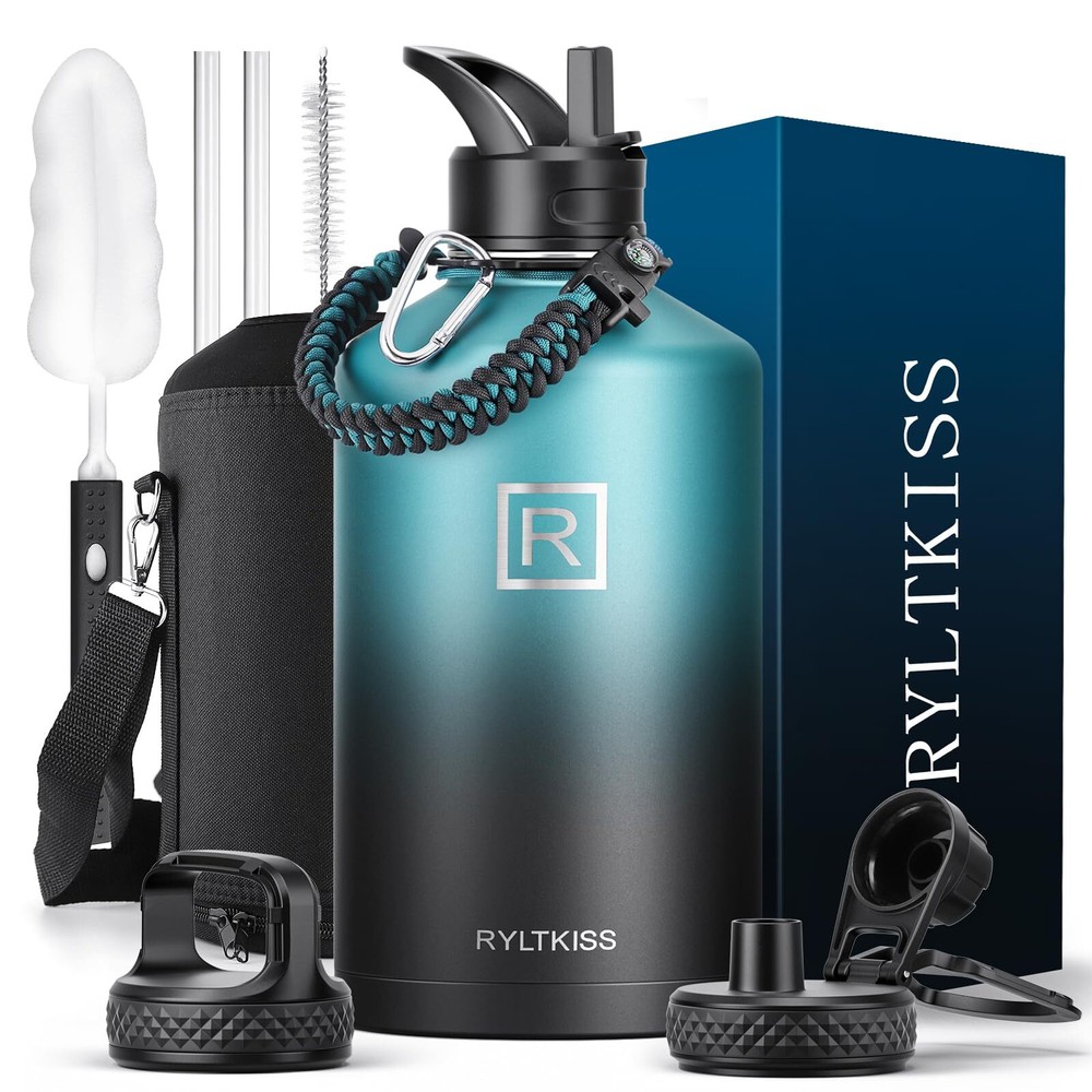 One Gallon Water Bottle Insulated With Straw&3 Lids Nonbpa Keep Cold 48h Hot 24h