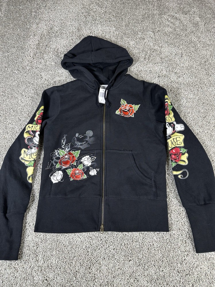 NWT Disney Parks Women’s Hoodie Full Zip Mickey With Hearts Roses Cropped