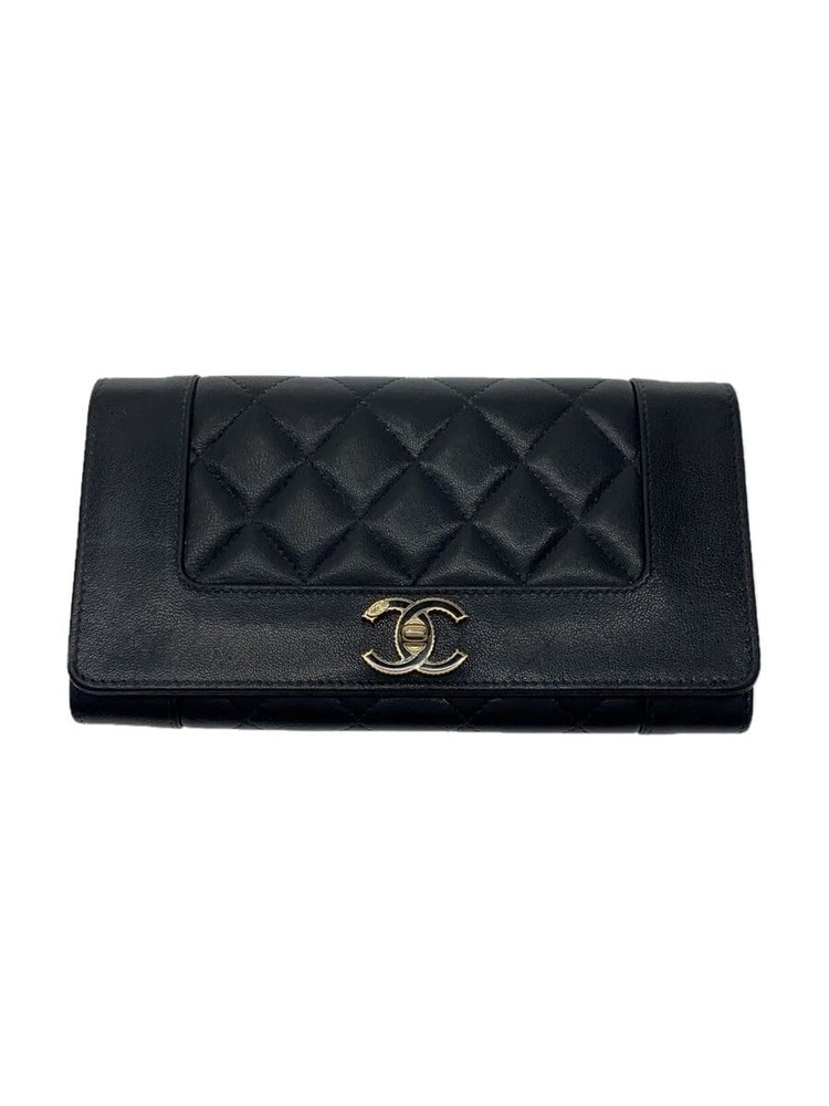 CHANEL Mademoiselle A80970 Matelassé CC Black Leather Long Flap Wallet Pre-Loved