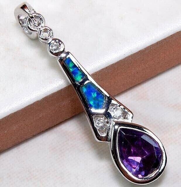 Amethyst & Australian Opal Inlay 925 Sterling Silver Pendant OP1