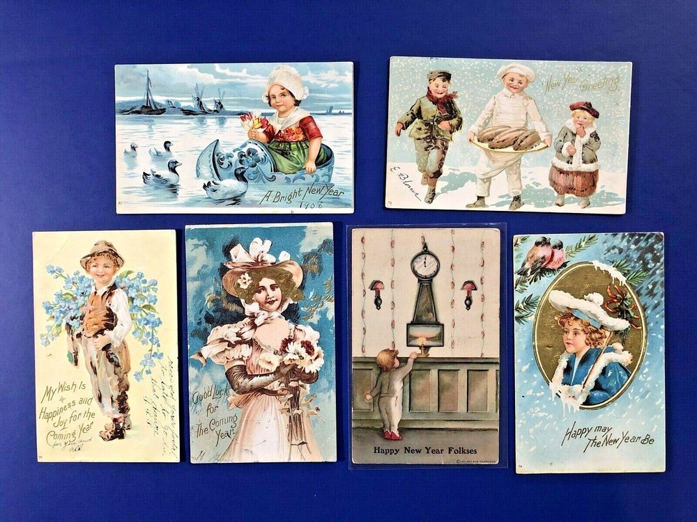 6 New Years Antique Postcards, Children IAP Publ, For Collectors Nice w Value-image