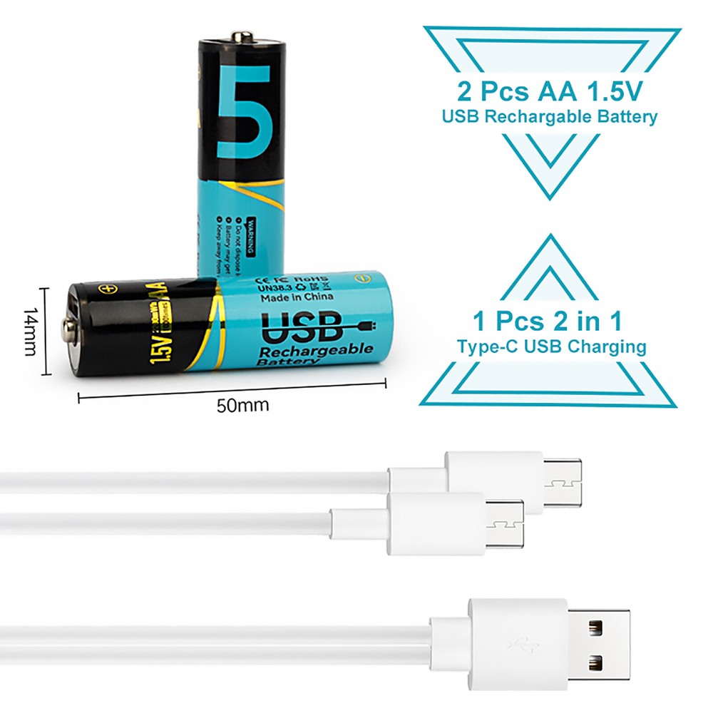 2 Pack 1.5V AA USB Lithium Batteries Rechargeable 2200mWh for Flashlight and Toy