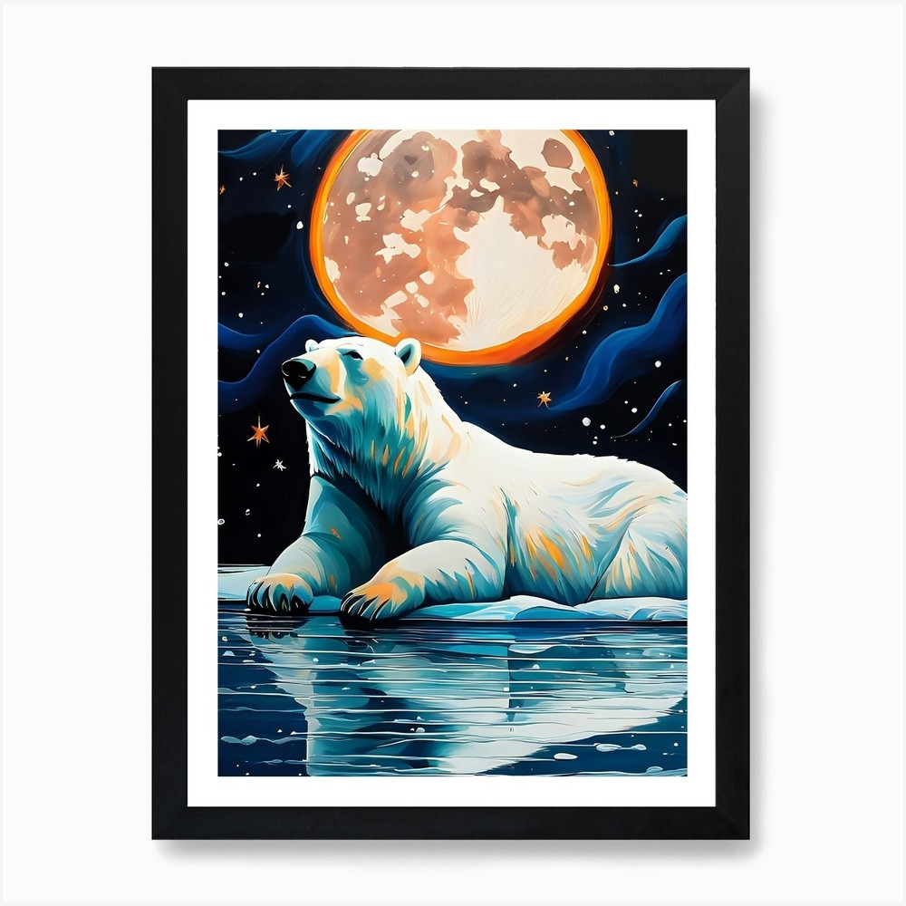 Polar Bear Moon Art Print Framed Wall Art Poster Canvas Print Picture