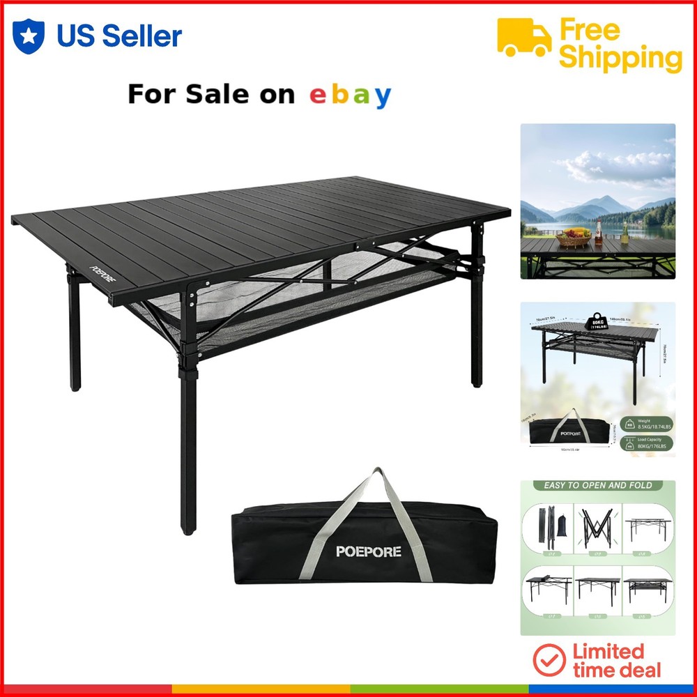 Large Portable Aluminum Folding Camping Table with Storage 55x27.5 for Outdoor