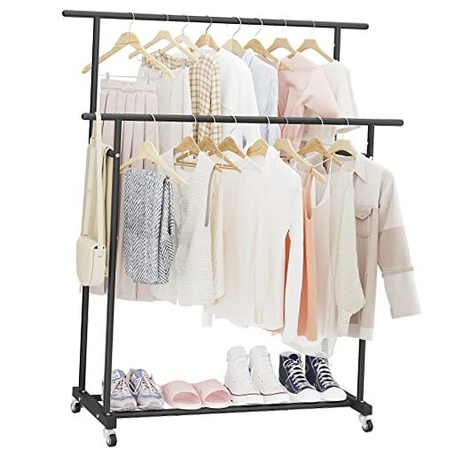Double Rod Rolling Garment Rack Portable Black Clothes Hanger Organizer-image