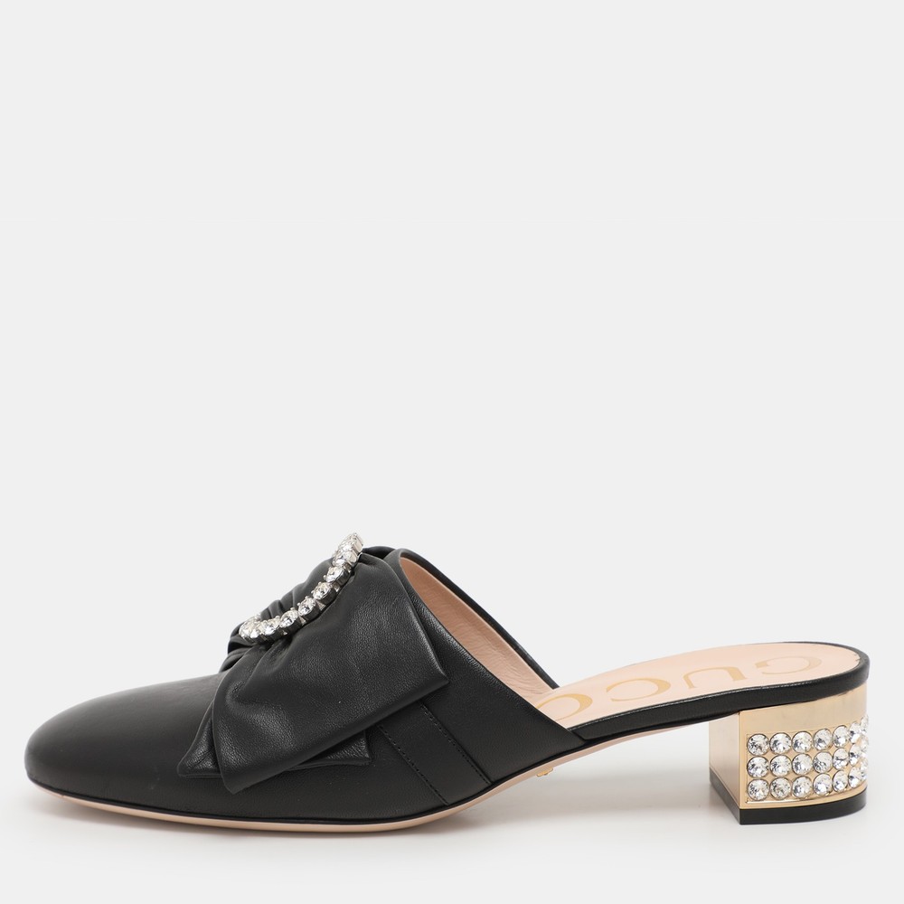 Gucci Black Leather Mules with Crystal Bow Size 38.5