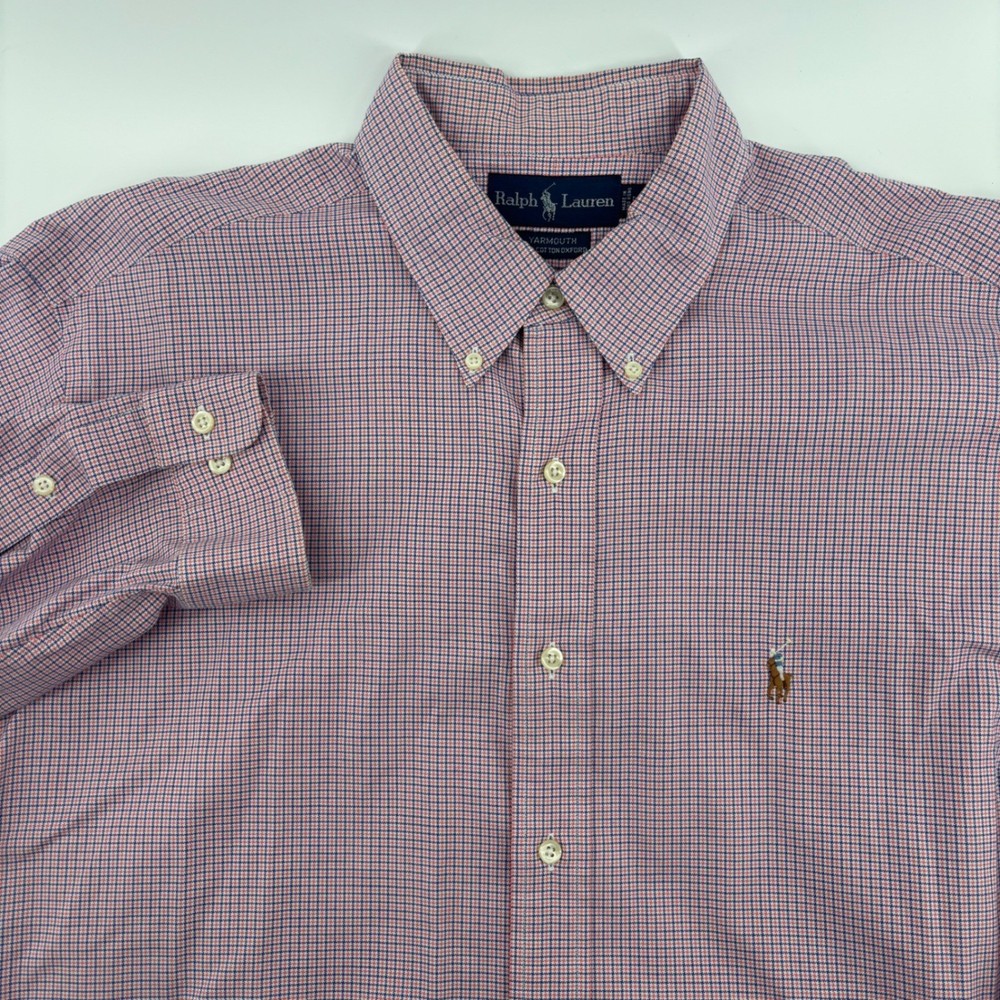 Ralph Lauren Yarmouth Shirt Mens 17 34/35 Orange Blue Check EUC Cotton Oxford