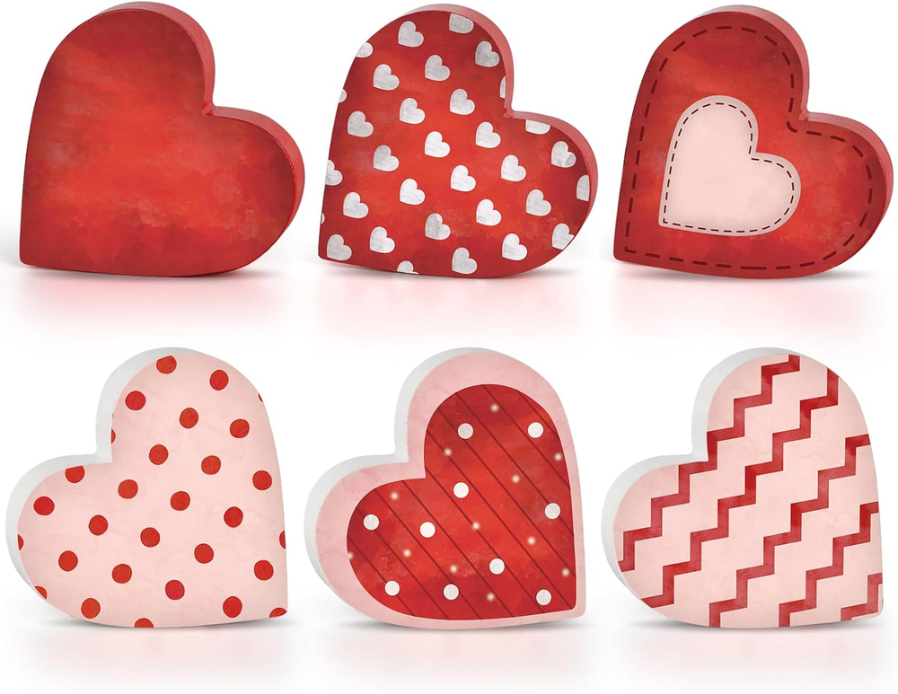 6 Pcs Valentine'S Day Wooden Heart Table Signs Red Wood Table Centerpiece Block