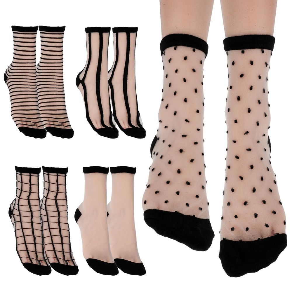 5Pairs Black See Through Sheer Ankle Socks Striped Plaid Dot Thin Transparent...