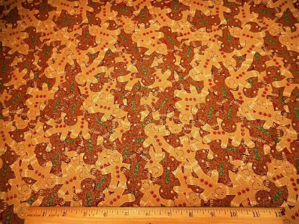 Christmas Fabric Half-Yard Brown Tan Gingerbread Men Metallic Silver Cotton 52 C