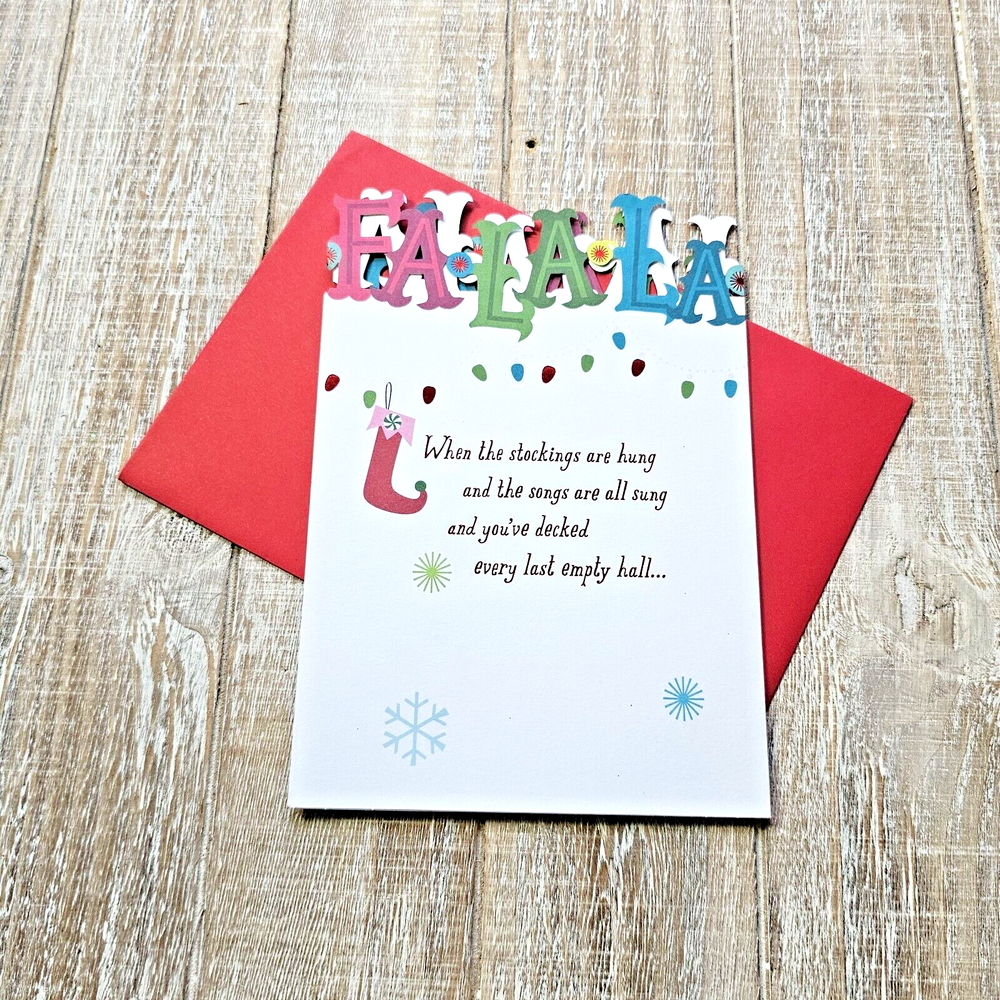 Festive 6x8 Fa La La Tri-Fold Glitter Christmas Card with Die-Cut Lights