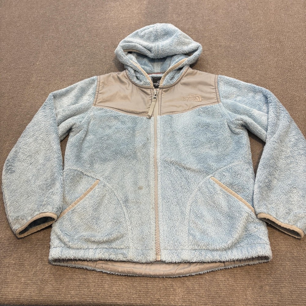 The North Face Fleece Jacket Girls Medium Blue Hooded Full Zip Colorblock Sherpa
