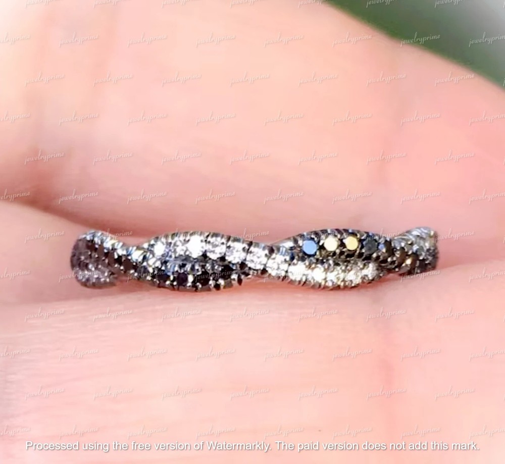 Round Black Diamond 1.20Ct Lab-Created Twisted Band Ring 14K White Gold Plated